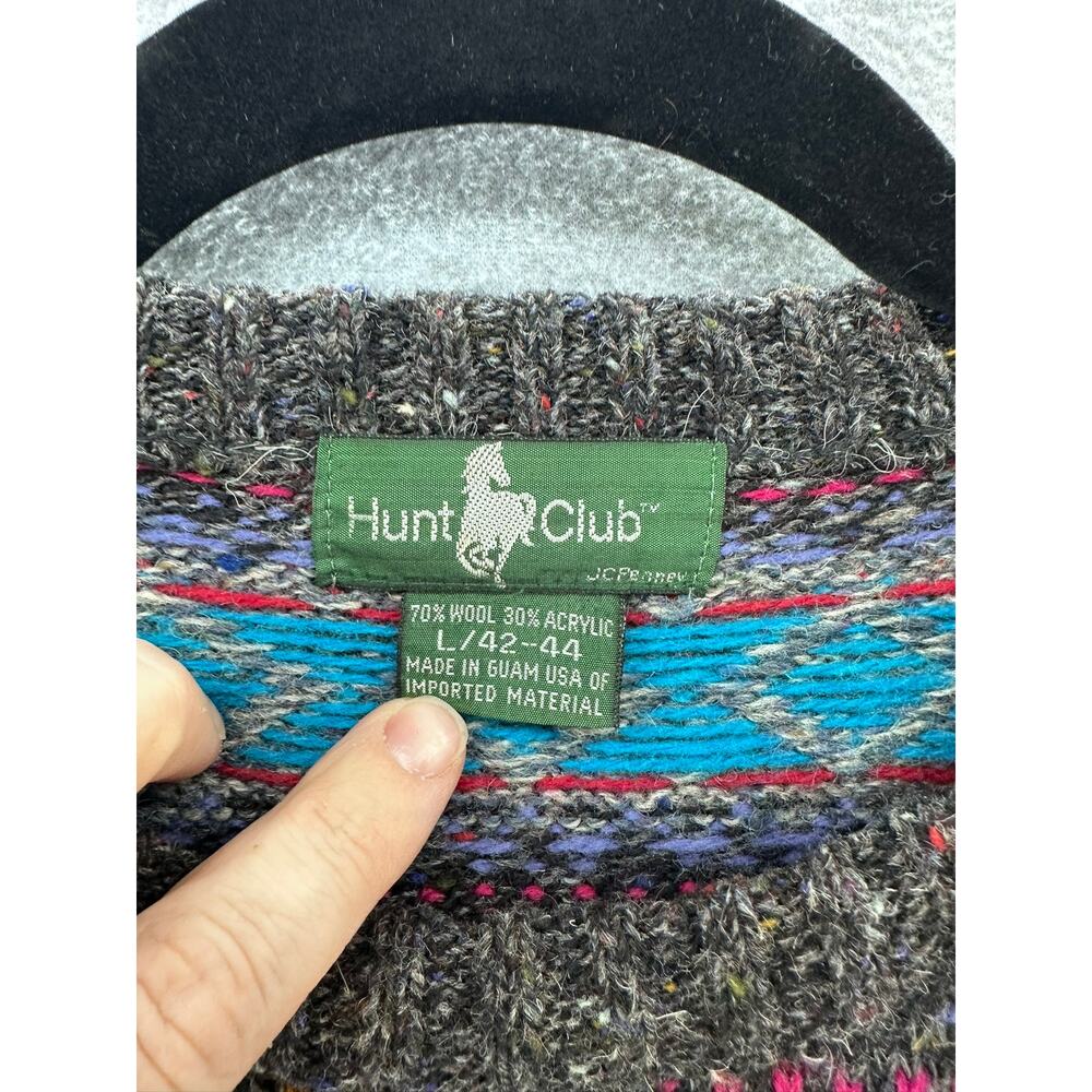 VTG Hunt Club Mens sz L Wool Knit Sweater Blue Gray Red Stripes Grandpa Academia - Picture 4 of 8